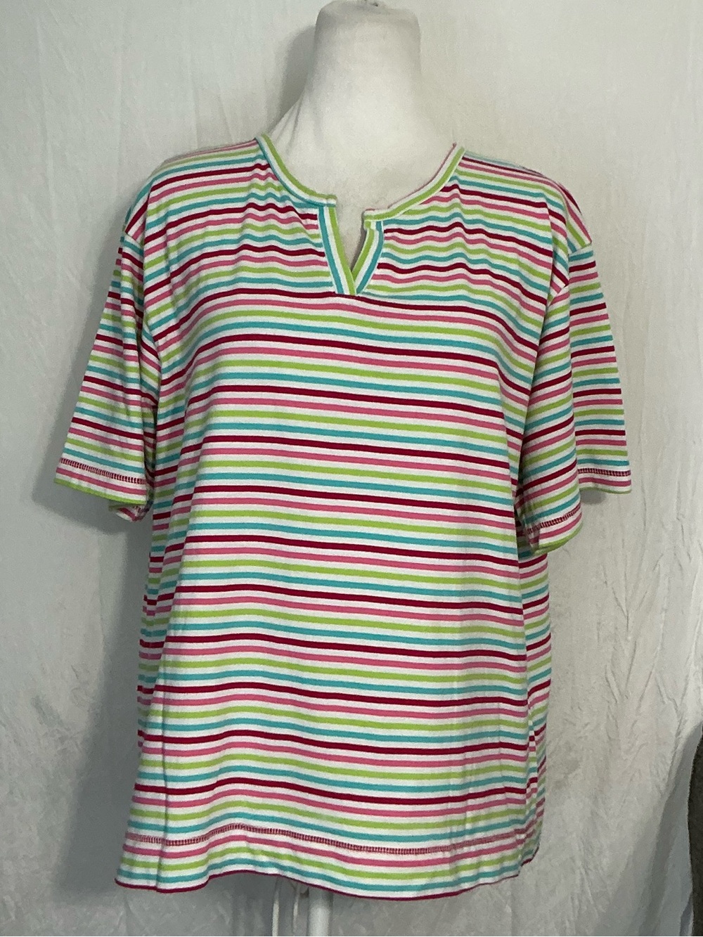 Striped Short-Sleeve Men’s Shirt in White with Pink & Green Stripes